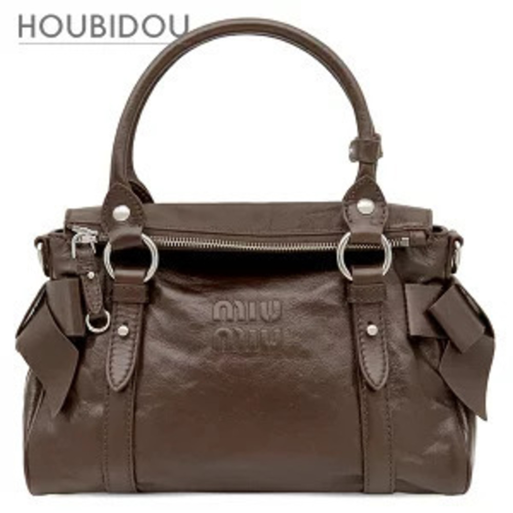 Miu Miu Bag Top Handle Leather Dark Brown Handbag Shoulder Ribbon
